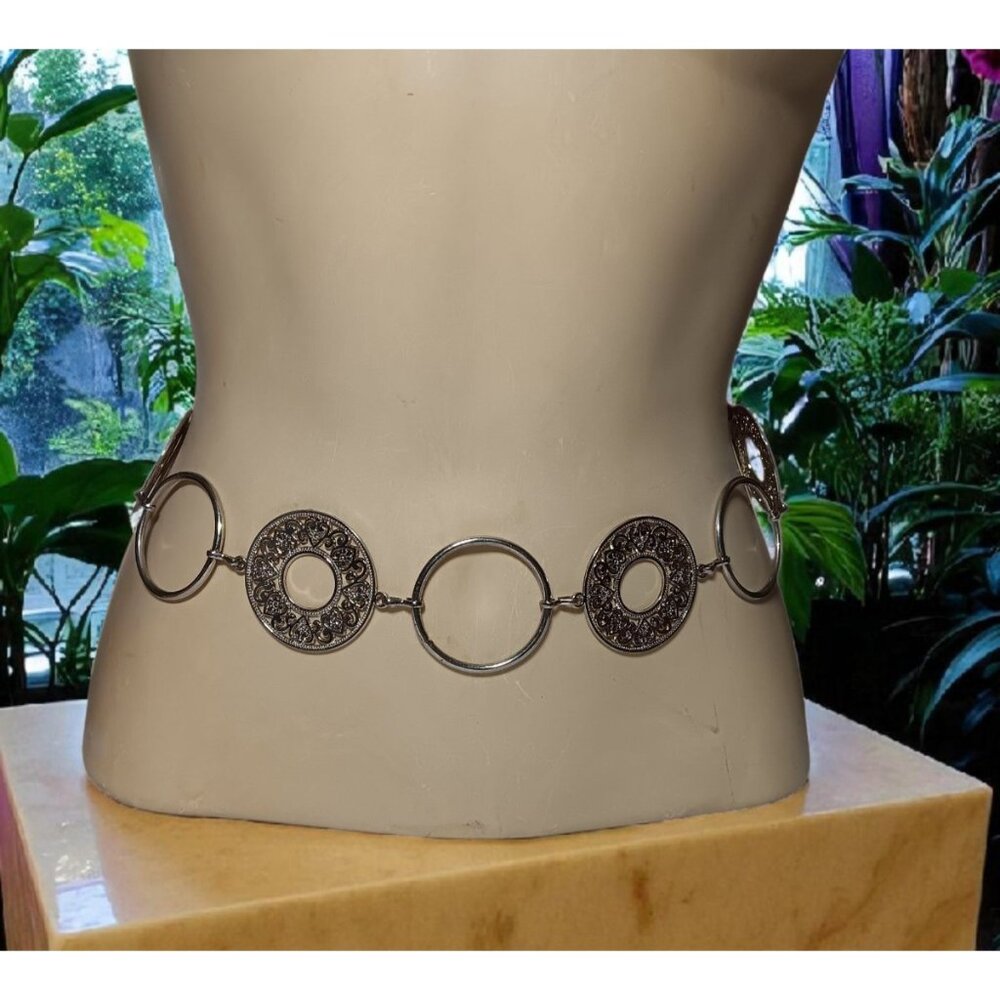 Silver-Tone Heart Open Work Circle Disk Chain Belt Adjustable Waist One Size